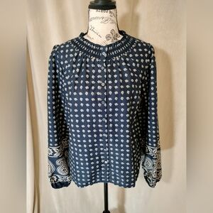 NWOT! Boden Mae Navy w/Cream Pattern Cotton Smocked Blouse. Size 2